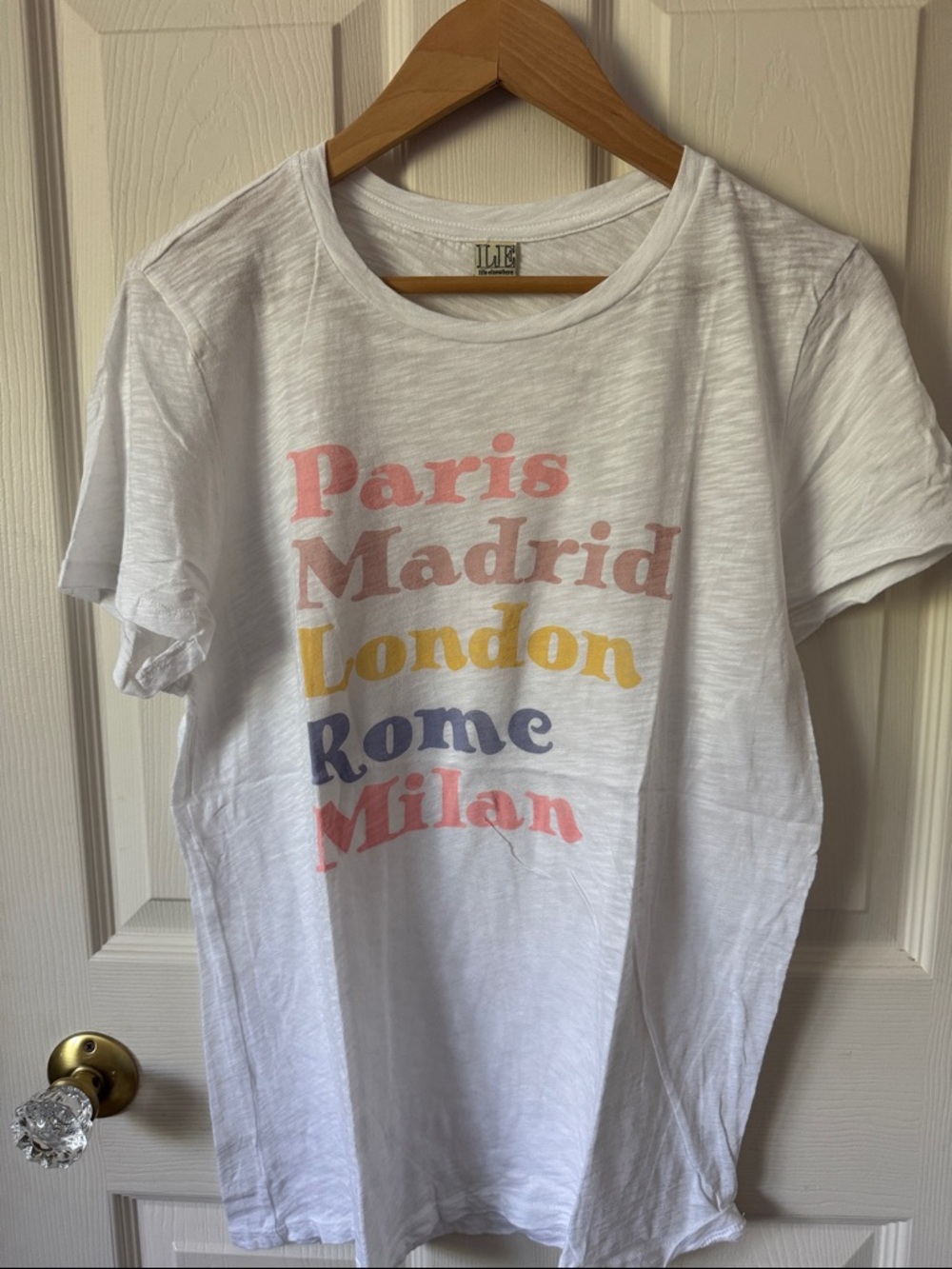 White Short-Sleeve Tee with Multicity Pastel Print